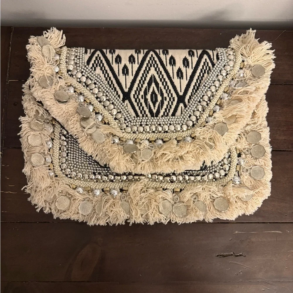 Antik Kraft Beaded Fringe  Bag Black & Cream Boho Tribal